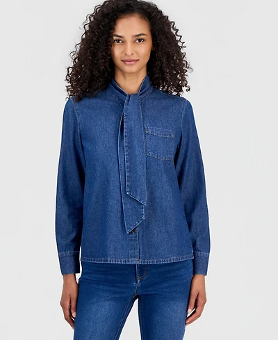 Anne Klein Women's Tie-Neck Button-Front Long-Sleeve Top
