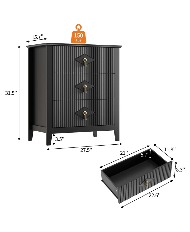 homfan Fluted 3-Drawer Nightstand Dresser with Metal Handles, 27.5" Wide Storage End Table for Bedroom, Living Room, Hallway