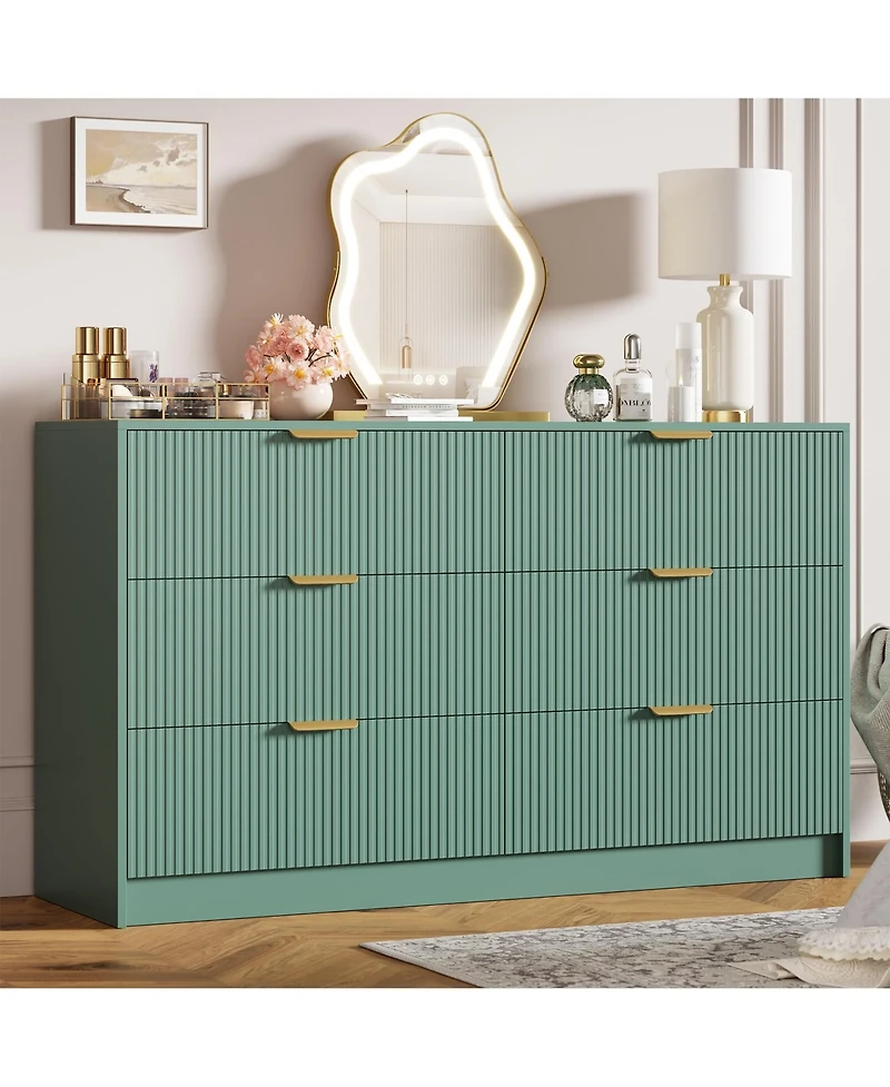 homfan 6-Drawer Fluted Dresser Chest with Metal Handles, Modern Wide Storage Organizer for Bedroom, Living Room, Entryway or Hallway