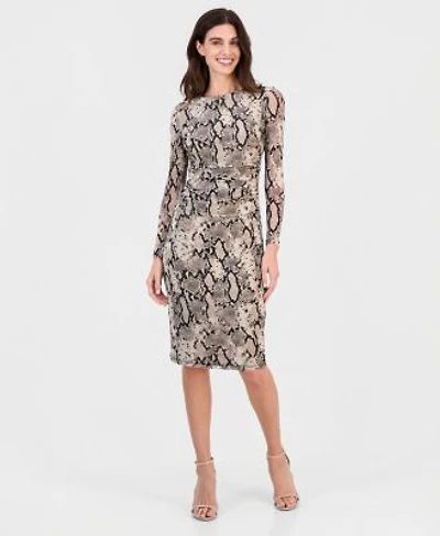 Anne Klein Womens Snake Print Shirred Waist Long Sleeve Midi Dress