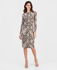 Anne Klein Womens Snake Print Shirred Waist Long Sleeve Midi Dress