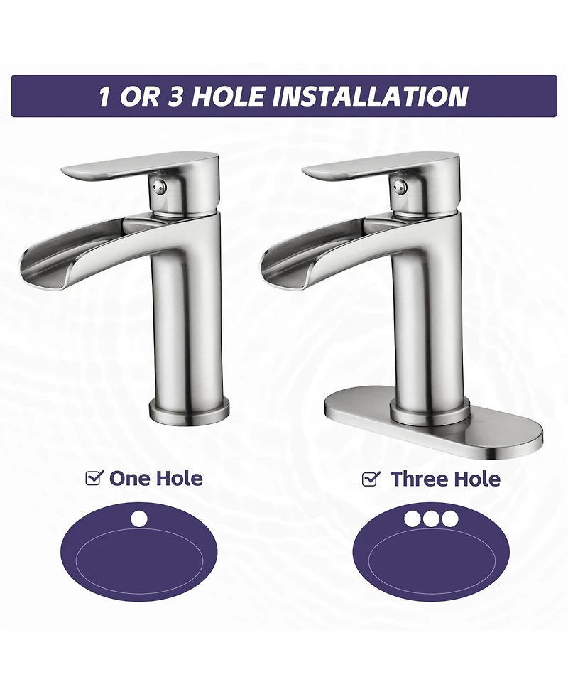 Phying Waterfall Bathroom Faucet Single Handle Bathroom Sink Faucets 1 or 3 Hole Solid Vanity Faucet with Deck Plate