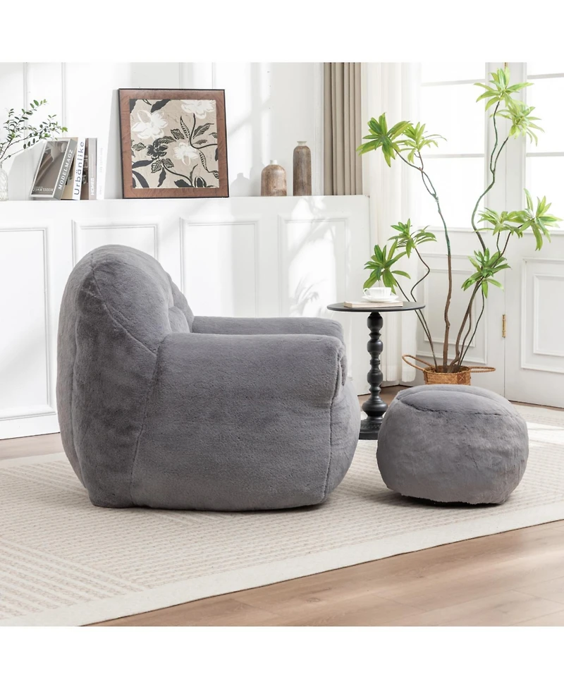Rainsken Bean Bag Chair with Footstool, Faux Fur Chair, Filler Included, Soft Beanbag Chairs, Ergonomic, for Bedroom and Living Room