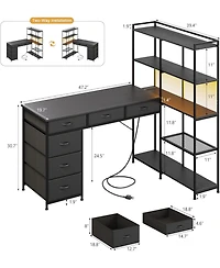 gaomon L-Shaped Gaming Desk with 6 Drawers - Corner Pc Table Open Shelves, Power Outlets and Led Lights