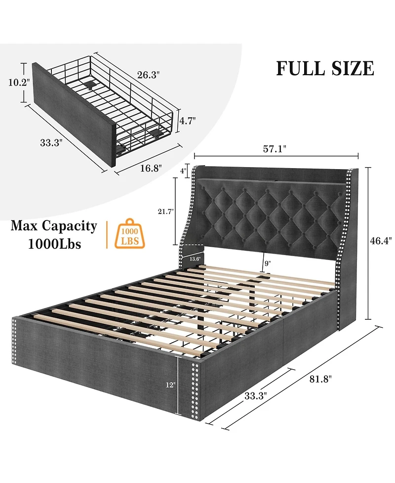 homfan Bed Frame with 4 Storage Drawers, Wingback Headboard, Charging Station, Wood Slat Support, No Box Spring Needed