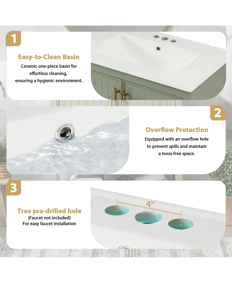 Phying 30 Inch Modern Bathroom Vanity with Ceramic Sink Large Versatile Storage Cabinet Freestanding Stylish Bathroom Furniture
