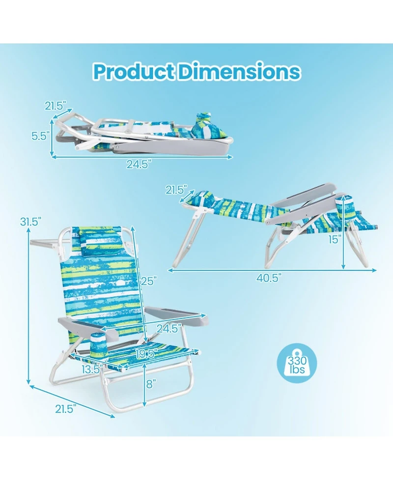 Gouun 2 Pack Folding Beach Chairs with 5-Position Lay-Flat Backrest, Headrest and Cup Holder