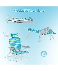 Gouun 2 Pack Folding Beach Chairs with 5-Position Lay-Flat Backrest, Headrest and Cup Holder