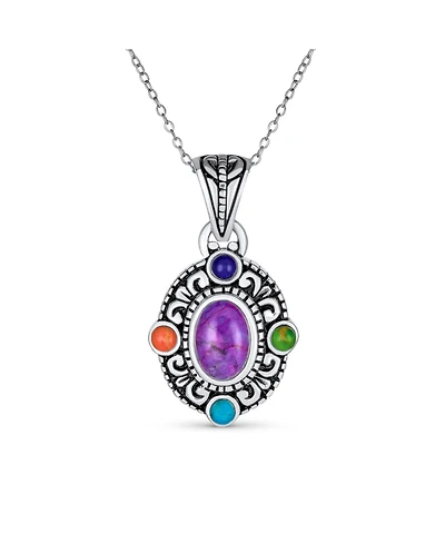 Bling Jewelry Southwest Style Oval Cabochon Multicolor Purple Turquoise Medallion Pendant Necklace Oxidized Sterling Silver