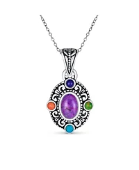 Bling Jewelry Southwest Style Oval Cabochon Multicolor Purple Turquoise Medallion Pendant Necklace Oxidized Sterling Silver