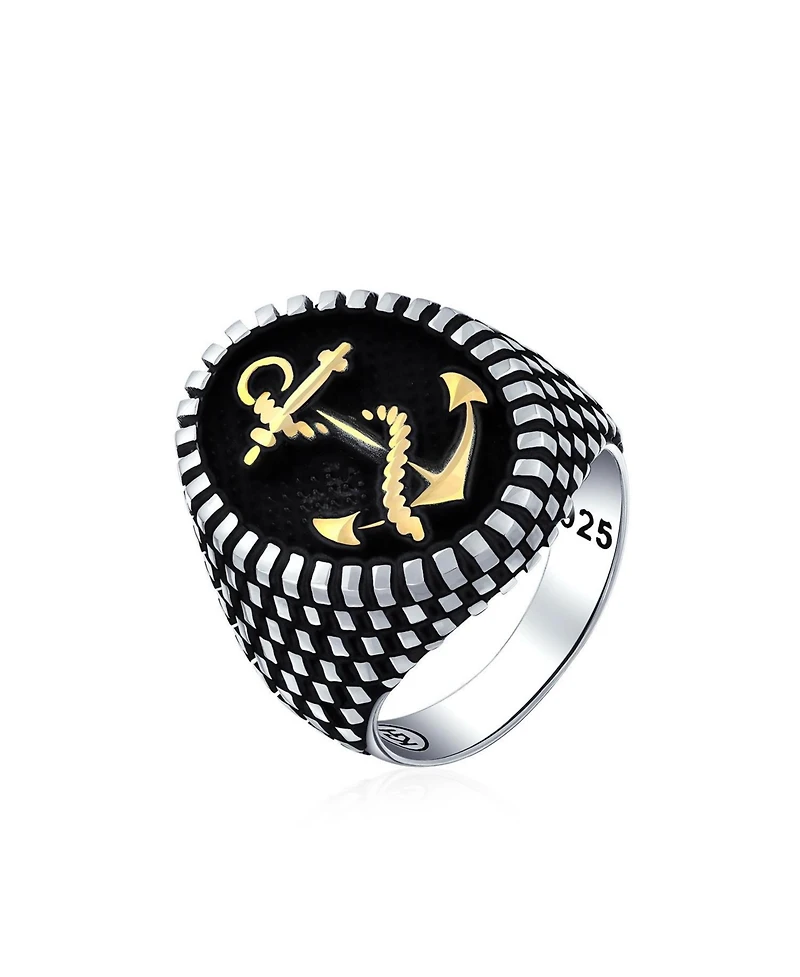 Bling Jewelry Men's Large Rope Anchor Signet Ring Checker Board Band .925 Sterling Silver