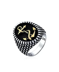 Bling Jewelry Men's Large Rope Anchor Signet Ring Checker Board Band .925 Sterling Silver