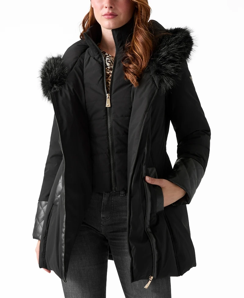 Guess Women's Pleather Sleeve Detailed Faux-Fur Hooded Puffer Coat
