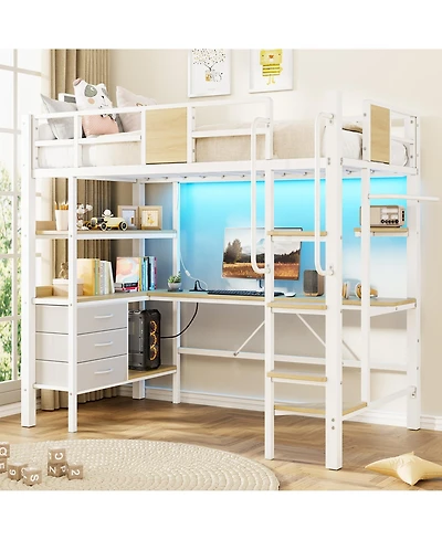 gaomon Twin Loft Bed with Desk, Stairs, Led Lights, Charging Station, 3 Drawers and 2 Shelves for Kids and Teens