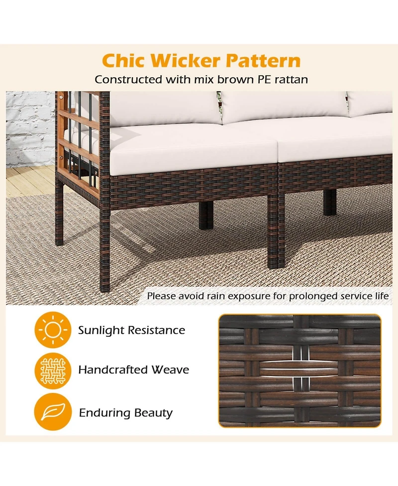 Costway 7 Pcs Wicker Furniture Set with Ottomans Side Table Acacia Wood Tabletop Armrests