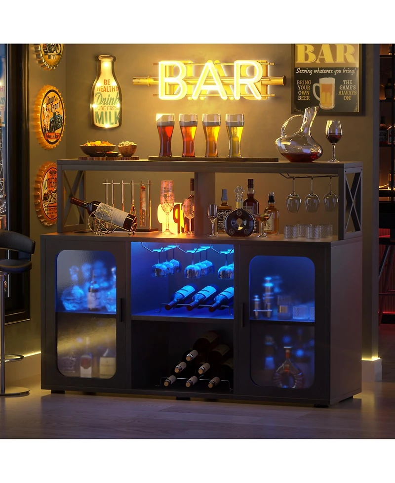 Aheaplus Wine Bar cabinet with Glass Holders and Doors, Buffet Power Outlet