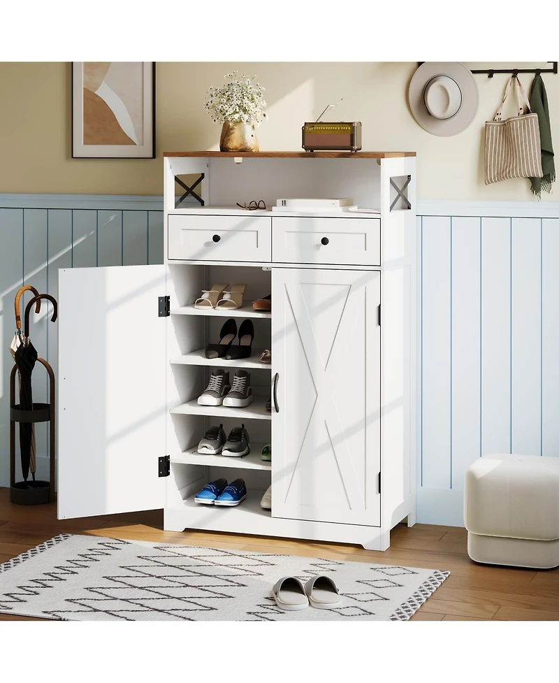 homfan Modern Farmhouse Narrow Freestanding Shoe Cabinet, Hidden Entryway Organizer with Doors, Drawers and Shelves for Foyer and Living Room
