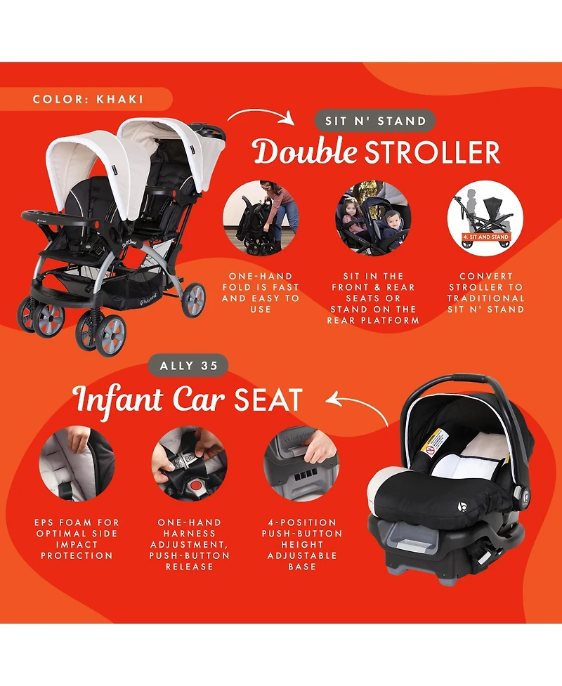 Baby Trend Sit N Stand Travel Double Baby Stroller and Car Seat Combo, Khaki