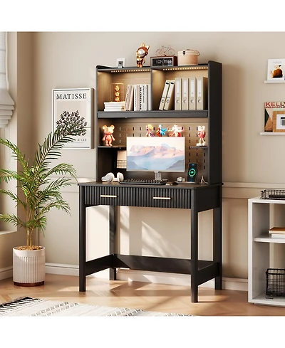 Vlsrka Computer Desk with Hutch, Adjustable 3-Color Led Light, Pegboard Design, Storage Drawers and Shelves for Home Office