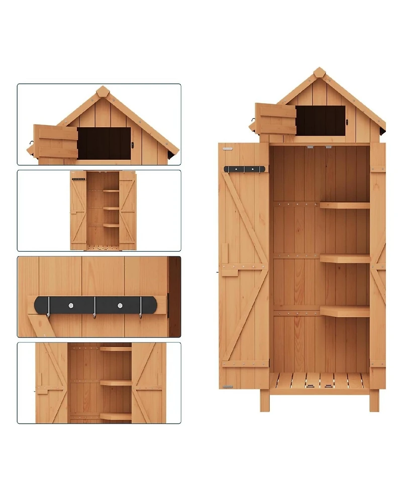 Small Natural Wood Garden Tool Storage Shed With Shelves Lockable Doors Roof Storage Compact Cabinet For Patios Backyards And Balconies