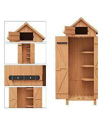 Small Natural Wood Garden Tool Storage Shed With Shelves Lockable Doors Roof Storage Compact Cabinet For Patios Backyards And Balconies