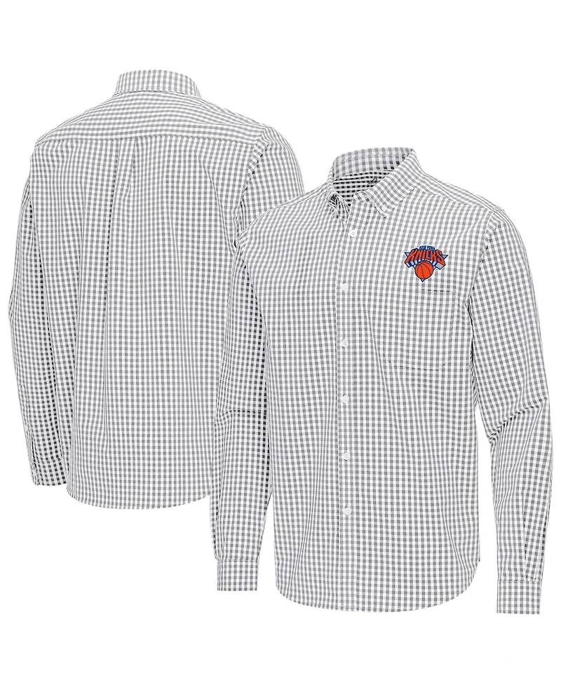 Antigua Men's Gray New York Knicks Ellis Woven Tri-Blend Button-Down Shirt
