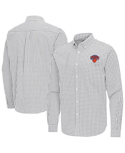 Antigua Men's Gray New York Knicks Ellis Woven Tri-Blend Button-Down Shirt