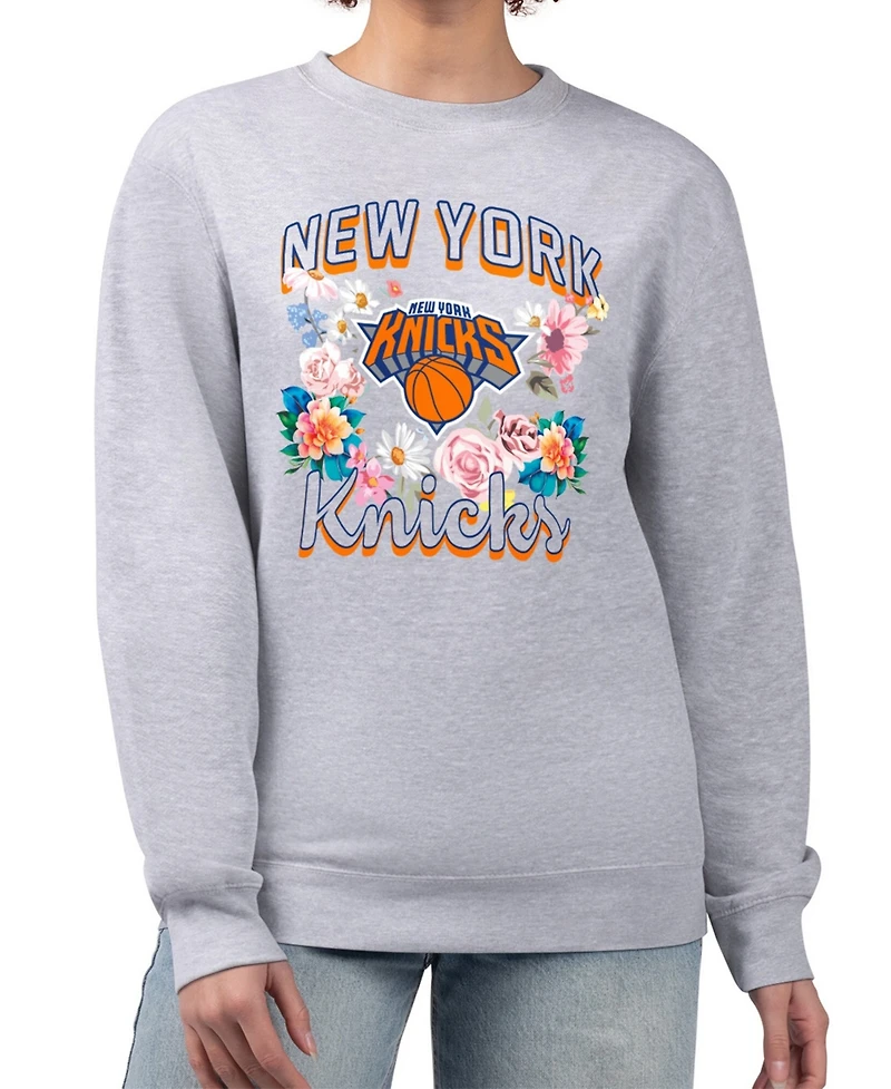 G-iii 4Her by Carl Banks Women's Heather Gray New York Knicks Flowers Team Logo Graphic Fleece Crewneck Pullover Sweatshirt