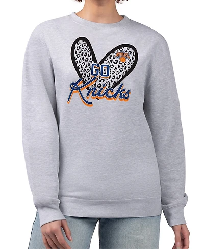 G-iii 4Her by Carl Banks Women's Heather Gray New York Knicks Leopard Heart Fleece Pullover Sweatshirt