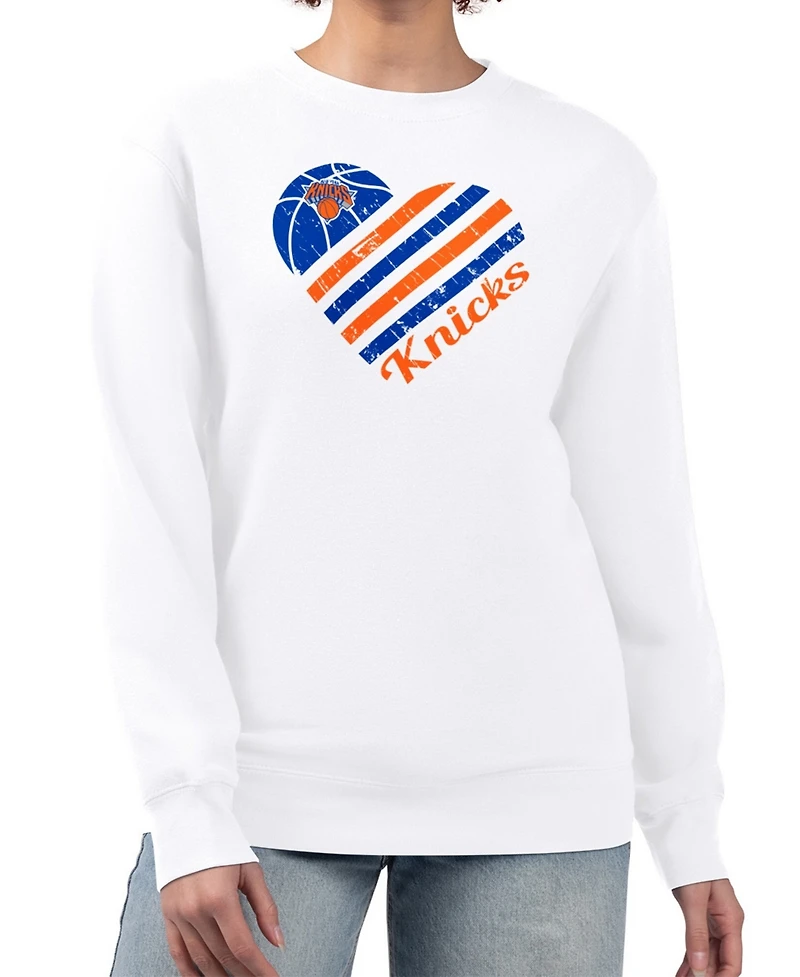 G-iii 4Her by Carl Banks Women's White New York Knicks Heart Graphic Fleece Pullover Sweatshirt