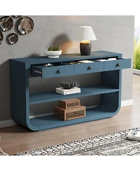 Rainsken 55" Curved Rustic Entryway Table, with 3 Fluted Drawers and 2 Open Shelves, Featuring Natural Wood Grain, for Living Room, Hallway,
