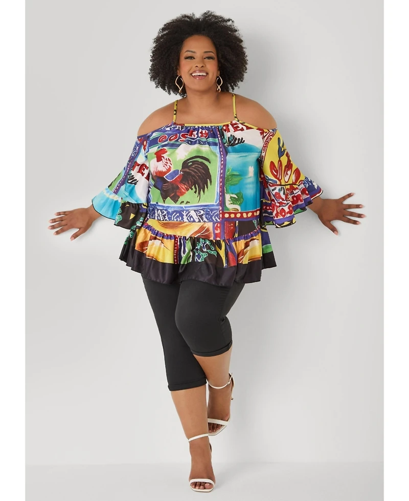 Ashley Stewart Women's Printed Satin Cold Shoulder Blouse