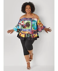 Ashley Stewart Women's Printed Satin Cold Shoulder Blouse
