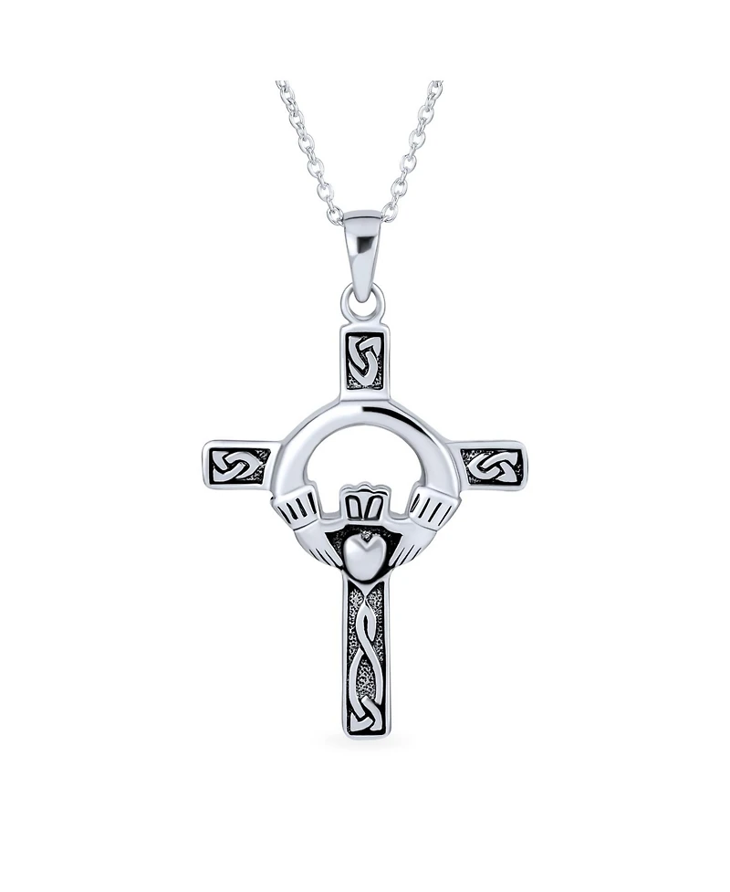 Bling Jewelry Celtic Claddagh Cross Pendant Necklace Trinity Love Knot Oxidized .925 Sterling Silver