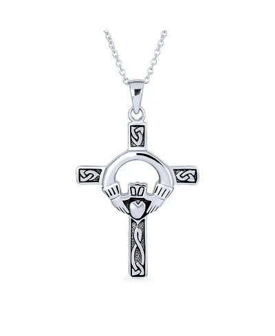 Bling Jewelry Celtic Claddagh Cross Pendant Necklace Trinity Love Knot Oxidized .925 Sterling Silver