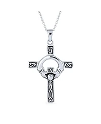 Bling Jewelry Celtic Claddagh Cross Pendant Necklace Trinity Love Knot Oxidized .925 Sterling Silver