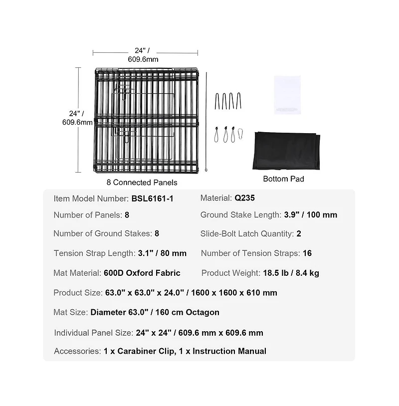 Ruie 8 Panel Foldable Metal Dog Playpen 24 in Tall with Oxford Bottom Mat