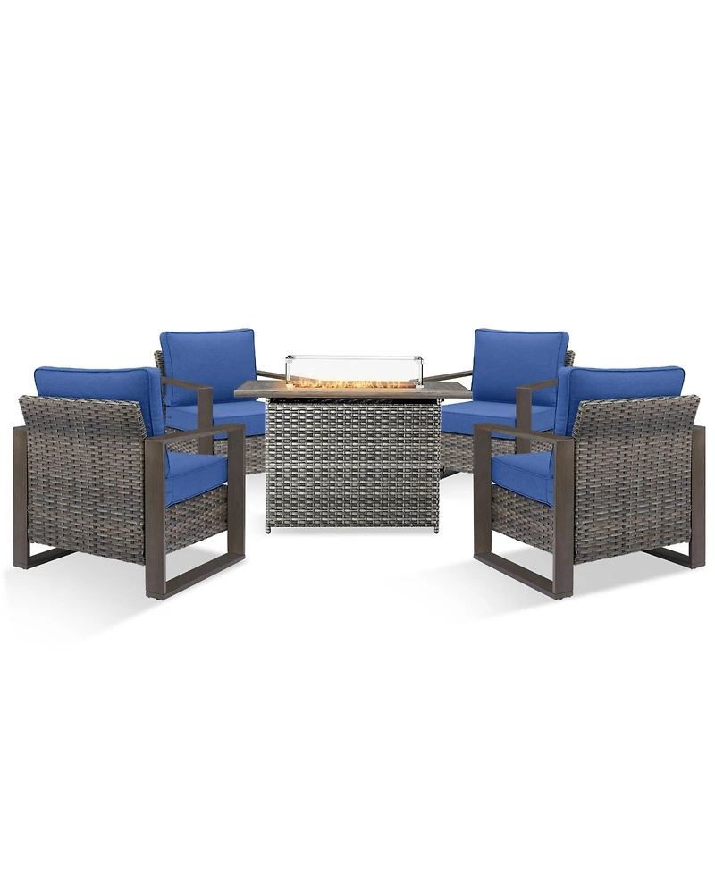 Pocassy Patio Resin Wicker Furniture Set with Fire Pit Table, Pe Rattan Swivel Patio Chairs with Propane Fire Pit Table,5PCS Patio Conversation Set