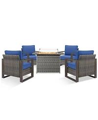 Pocassy Patio Resin Wicker Furniture Set with Fire Pit Table, Pe Rattan Swivel Patio Chairs with Propane Fire Pit Table,5PCS Patio Conversation Set