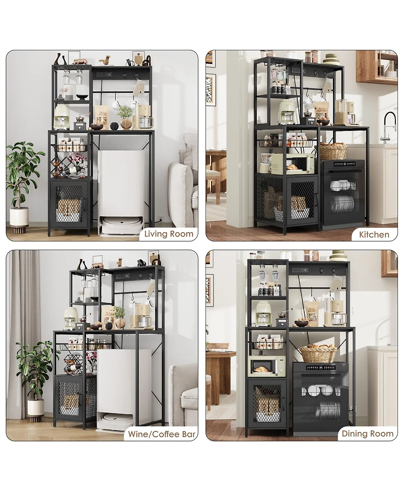 homfan Industrial Freestanding Kitchen Shelf, Bakers Rack with Refrigerator Compartment and Power Outlet, Microwave Station for Pantry Living Room