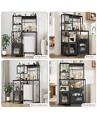 homfan Industrial Freestanding Kitchen Shelf, Bakers Rack with Refrigerator Compartment and Power Outlet, Microwave Station for Pantry Living Room