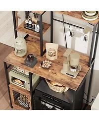 homfan Industrial Freestanding Kitchen Shelf, Bakers Rack with Refrigerator Compartment and Power Outlet, Microwave Station for Pantry and Living Room
