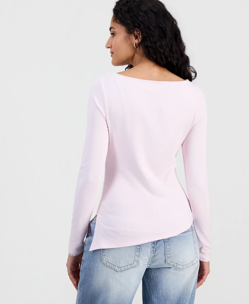 Madden Girl Juniors' Ruched Boat Neck Long Sleeve Top