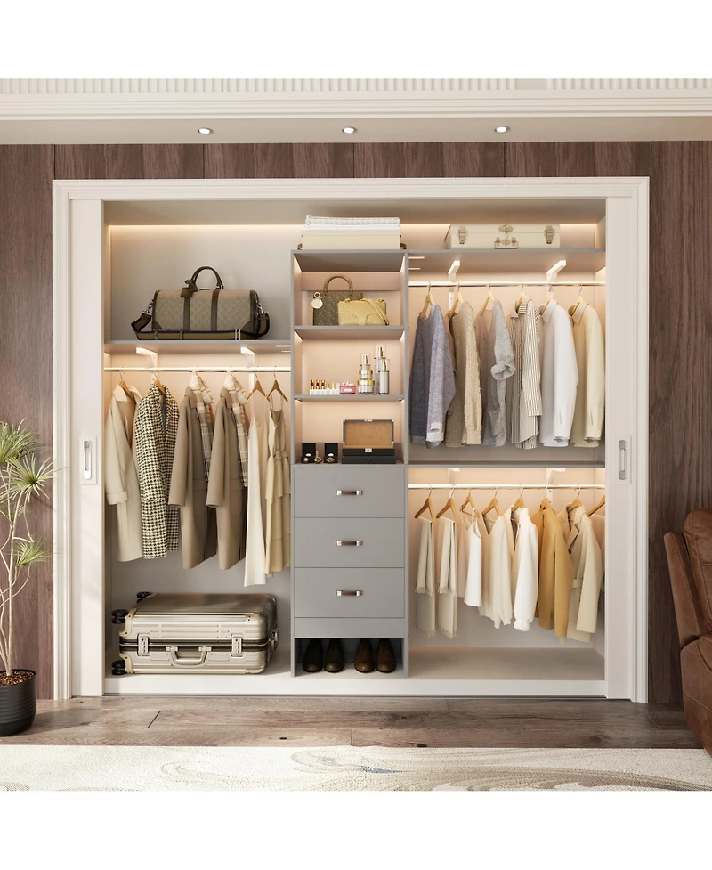 Aheaplus Closet System with 3 Hanging Rods, 3 Drawers and 3 Shelving Tower, 5-8 Feet Walk-in Closet Organizer