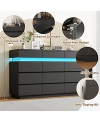 gaomon 59" 12 Drawer Dresser with Led Lights, Wooden Storage Cabinet, Handle-Free, Anti-Tipping, for Bedroom