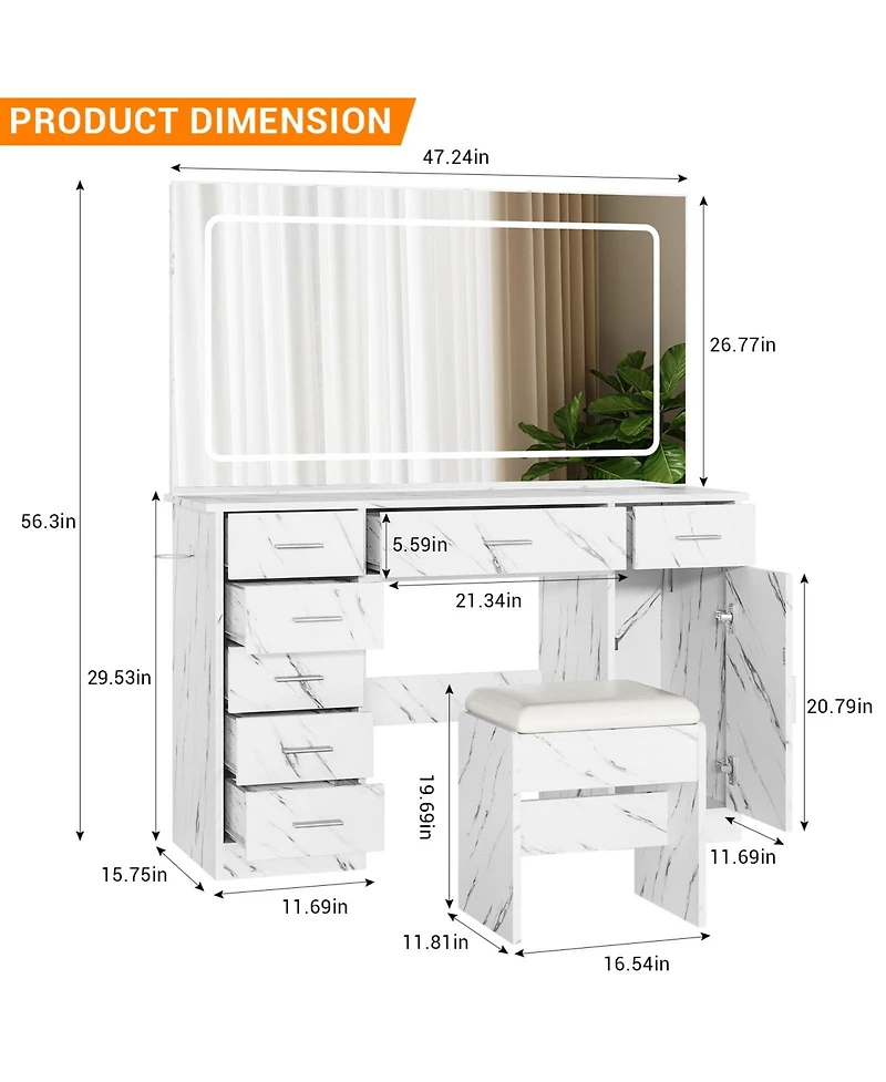 gaomon Vanity Desk with Large Led Mirror, 7 Drawers, Power Outlets, Usb Ports, Hair Dryer Holder, 3-Mode Lighting, Stool, Cabinet