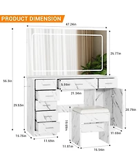 gaomon Vanity Desk with Large Led Mirror, 7 Drawers, Power Outlets, Usb Ports, Hair Dryer Holder, 3-Mode Lighting, Stool, Cabinet