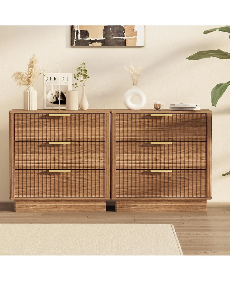 gaomon Fluted Nightstand set of 2, Wood with 3 Drawers Storage Bedside Table Large Bed Side End Table, Modern for Bedroom