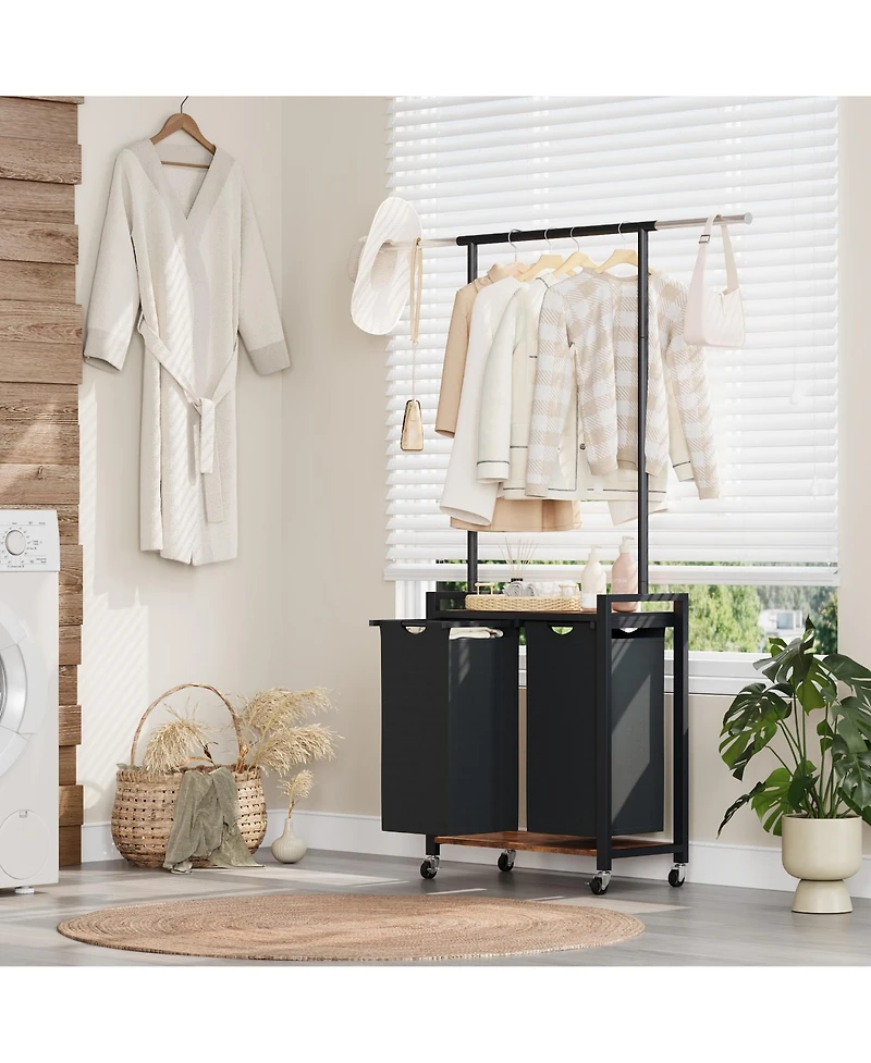 homfan Rolling Bathroom Storage Cabinet, 30 Inch Metal Laundry Organizer with Hanging Rod and Lockable Wheels for Bathroom