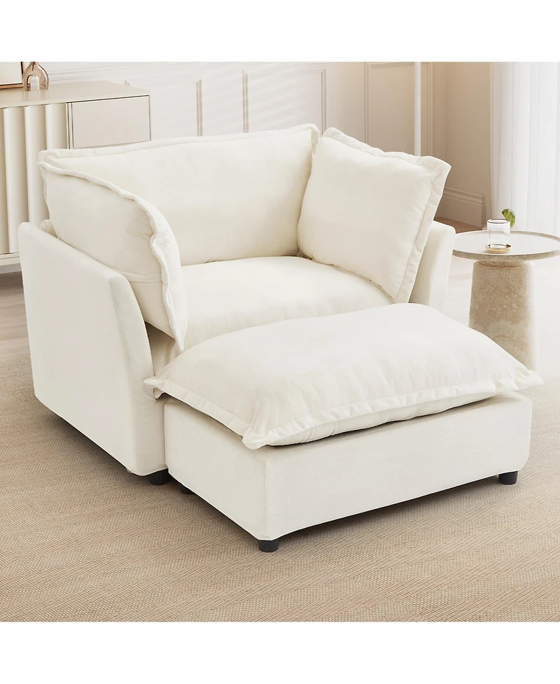 Rainsken Modern Single Sofa with Movable Ottoman, 47" Cozy Upholstered Chair Wide Seat, Curved Armrests and Soft Pillows for Living Room